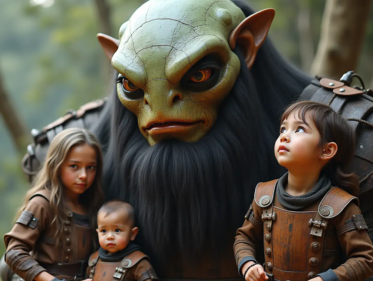 Ki-Fantasy family,Man,Woman, and Children, giant alien face with beard and with wooden armor equipment