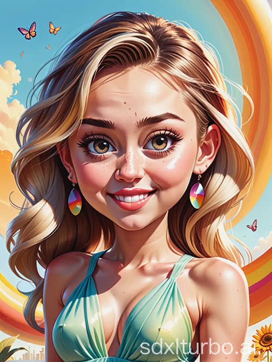 A vividly drawn (((caricature of Miley Cyrus))), with exaggerated features like big eyes, a long, flowing (((dress))), and a warm smile, set against a (sunny, summery backdrop) that exudes a youthful, carefree atmosphere