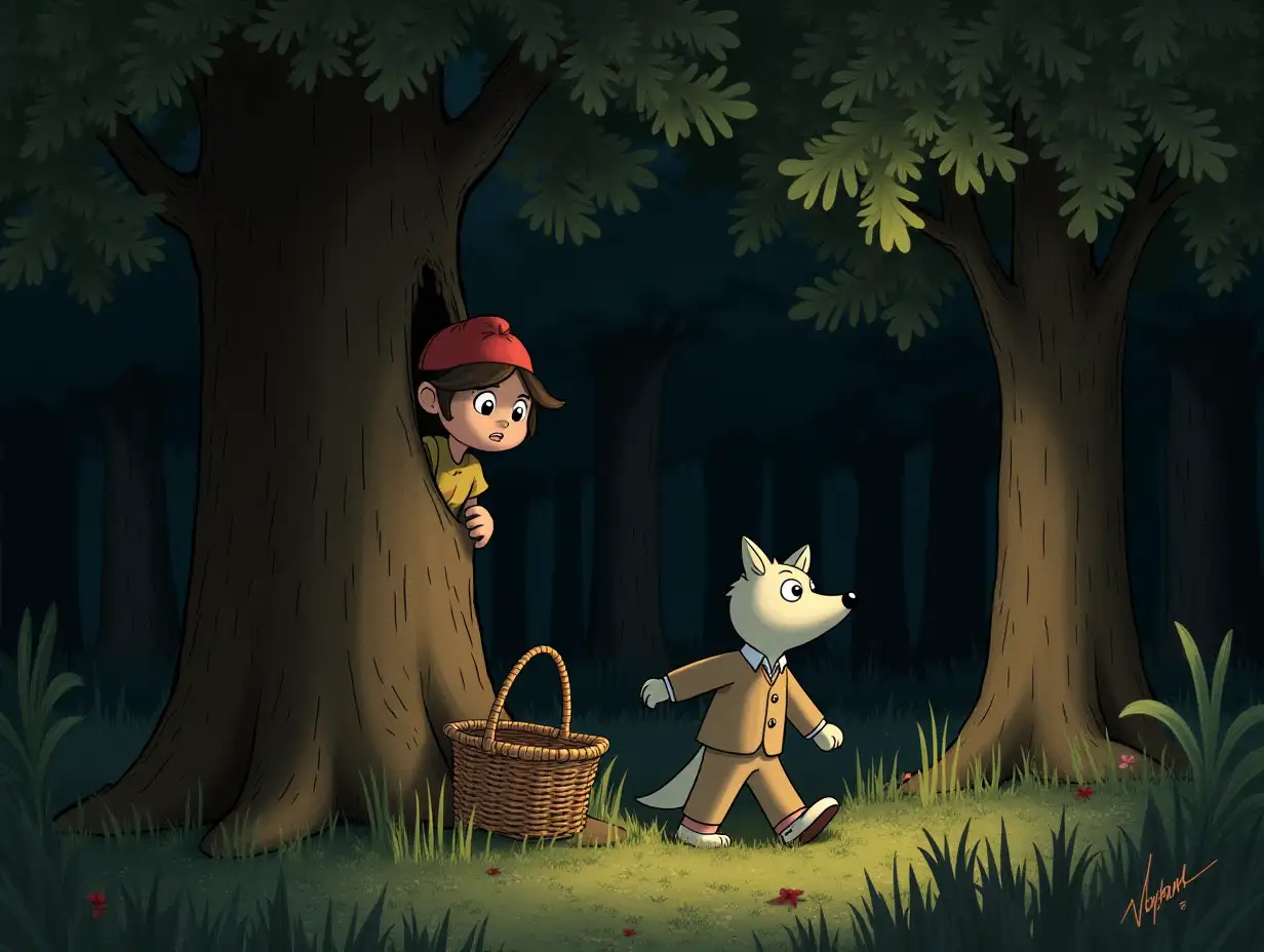 Through the dark forest walks a little wolf in a clean, tidy little suit, fearfully pressing a basket to himself. Behind the tree hides a sturdy, lightly dressed maiden in a red cap, watching the little wolf.