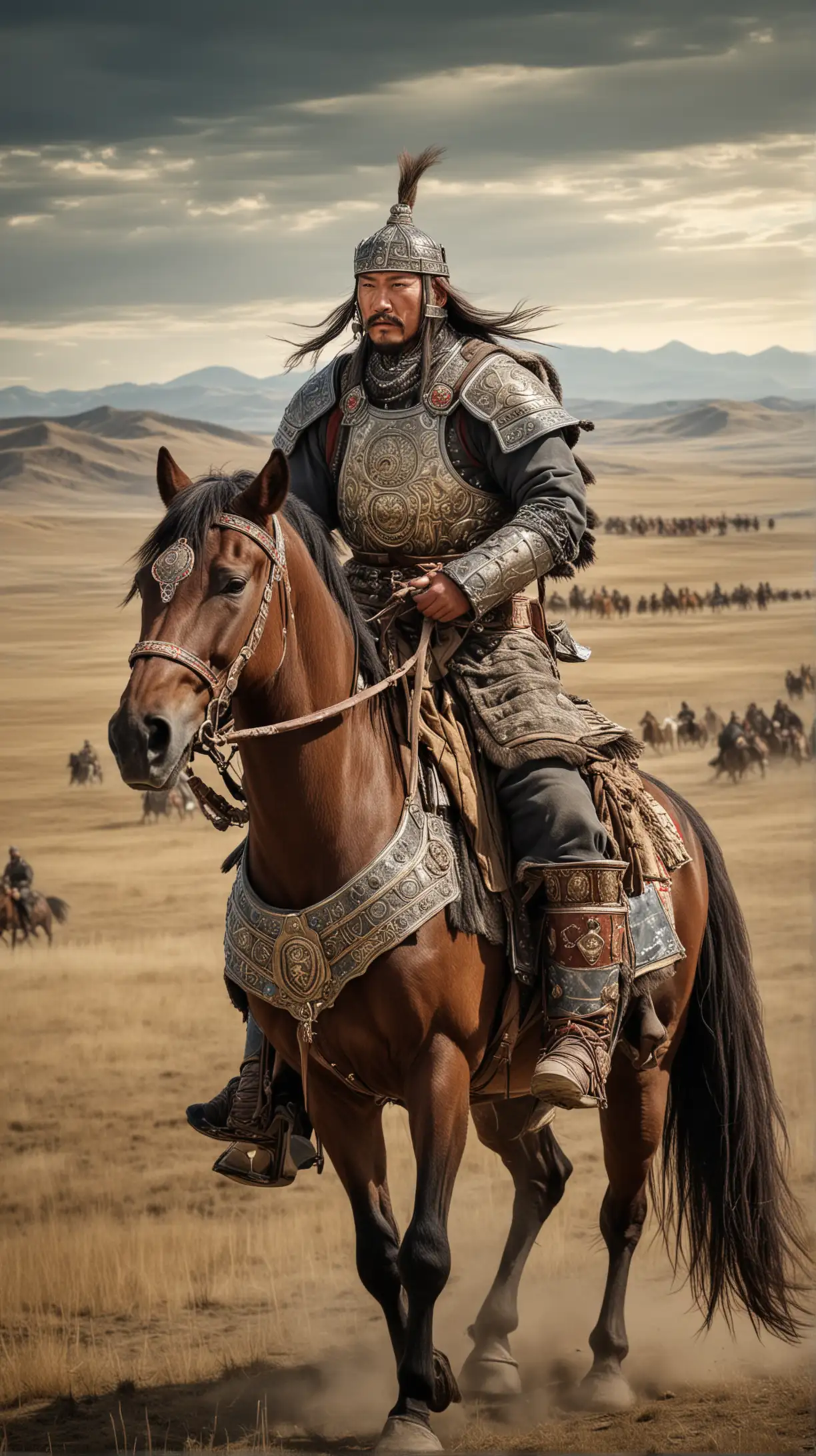 Genghis Khan in Traditional Mongolian Battle Armor on Horseback