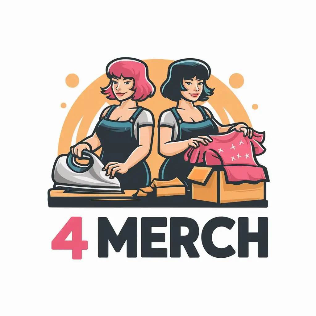 a vector logo design,with the text "4merch", main symbol:plump women with short haircuts are ironing and packing beautiful clothes,Moderate,clear background