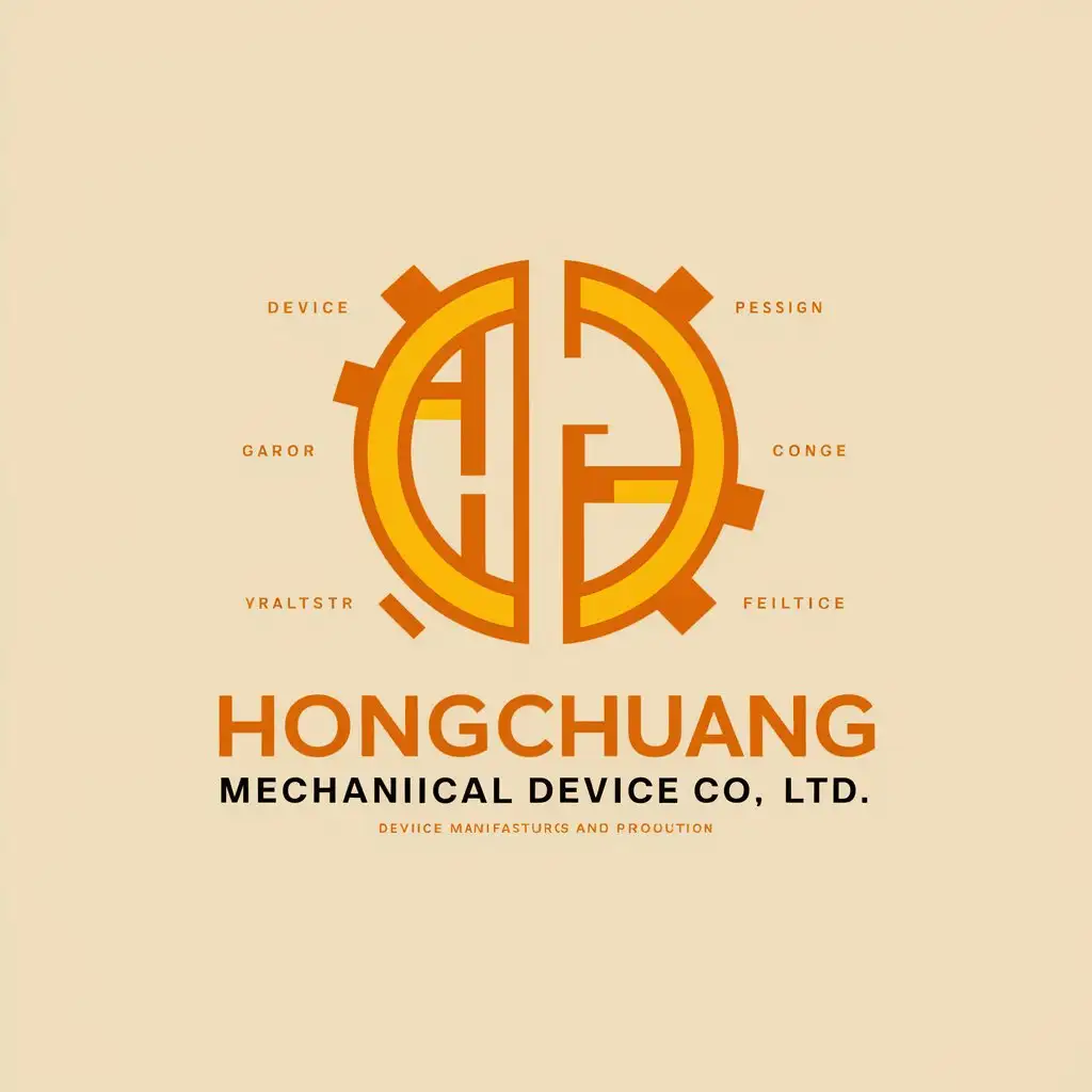 a vector logo design,with the text "Hongchuang Mechanical Device Co., Ltd.", main symbol:Device manufacturing and production, color scheme is orange and yellow,Minimalistic,clear background