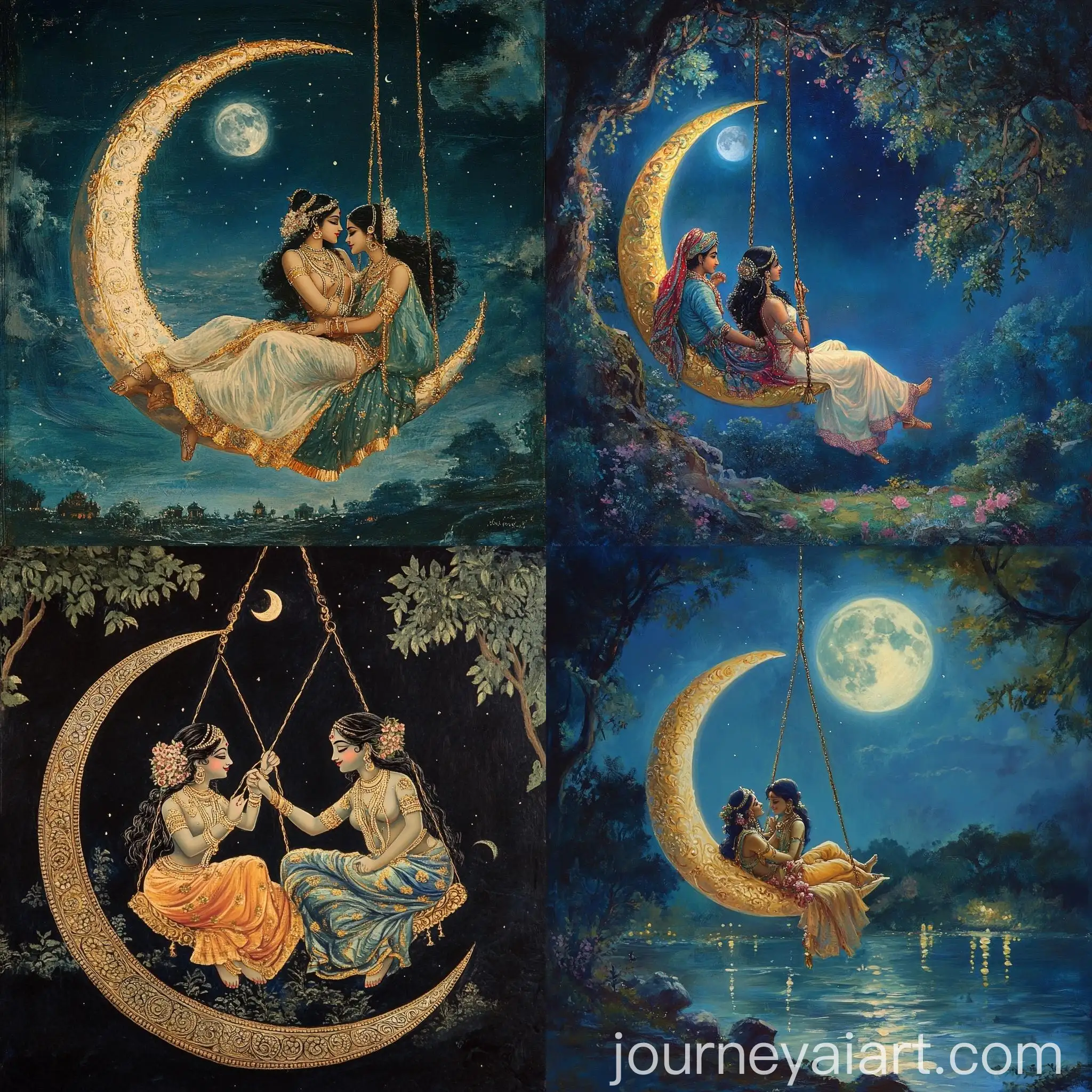 Radha-and-Krishna-on-Crescent-Moon-Swing-Full-Moon-Night
