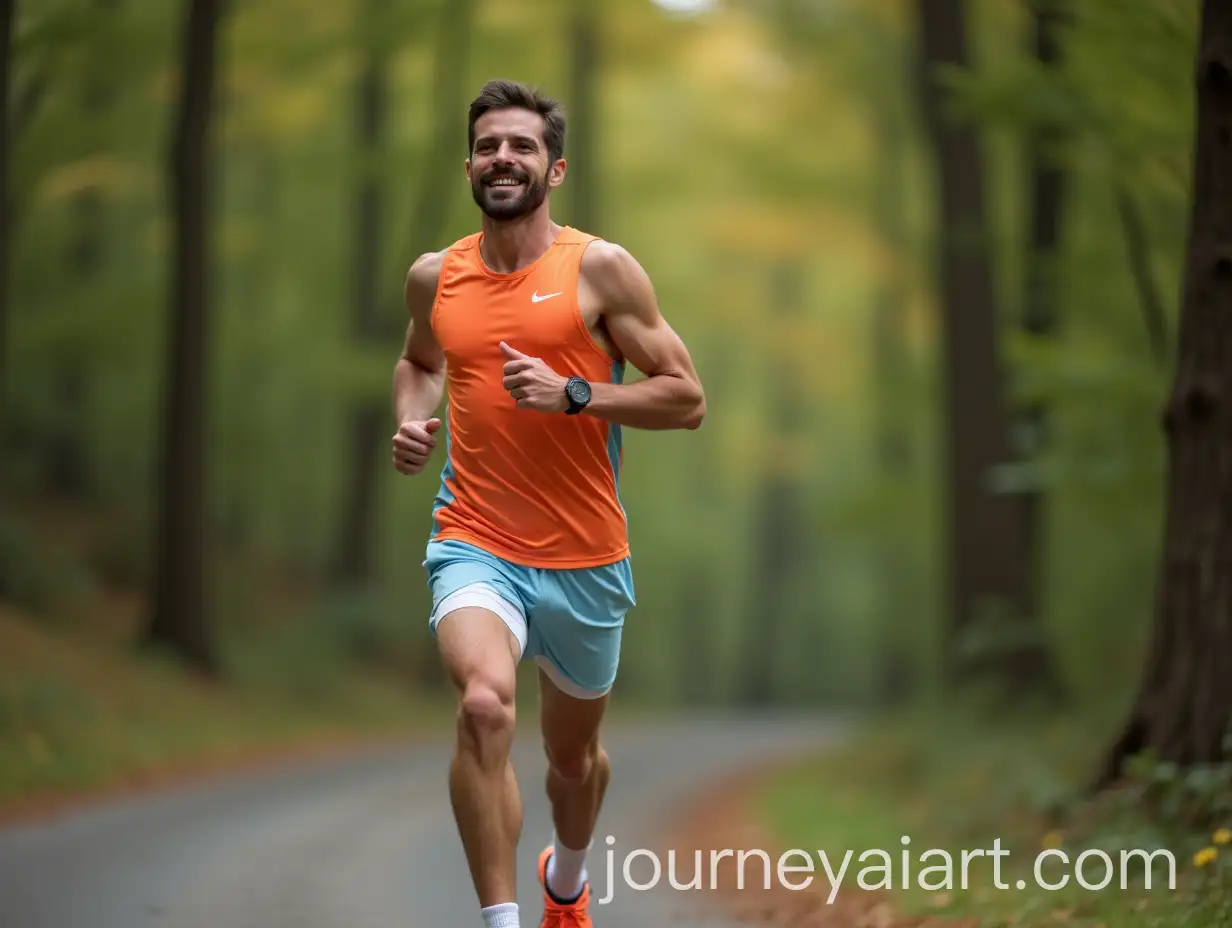 Smiling-Italian-Man-Running-in-Forest-with-Orange-and-Light-Blue-Athletic-Gear