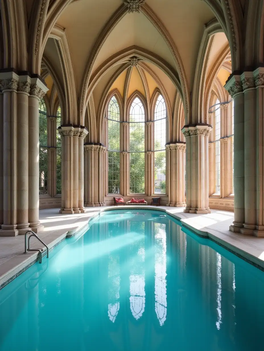 Swimming-Pool-Inside-a-Majestic-Cathedral-with-Stained-Glass-Windows