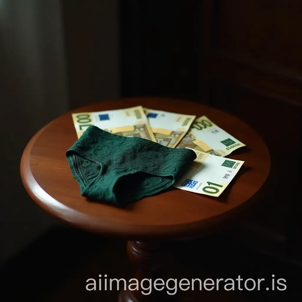 Realistic-Interior-Scene-with-Euro-Bills-and-Dark-Green-Lace-Panty-on-Wooden-Side-Table