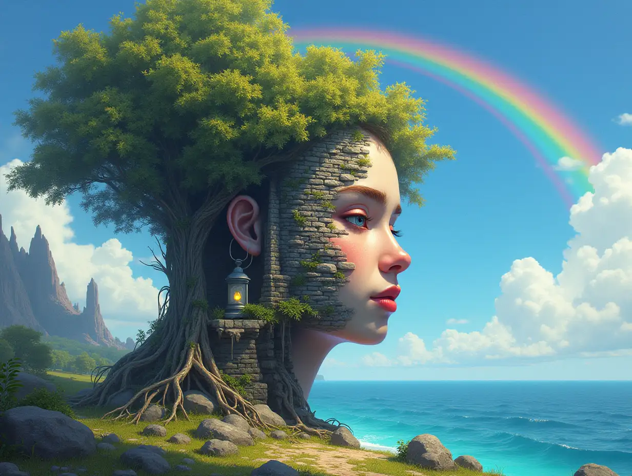 Creating a Digital painting face with rainbow hair transforms into building with stones and trees with roots and rocks and lantern by the sea foreign creatures-alien on a meadow rainbow blue sky