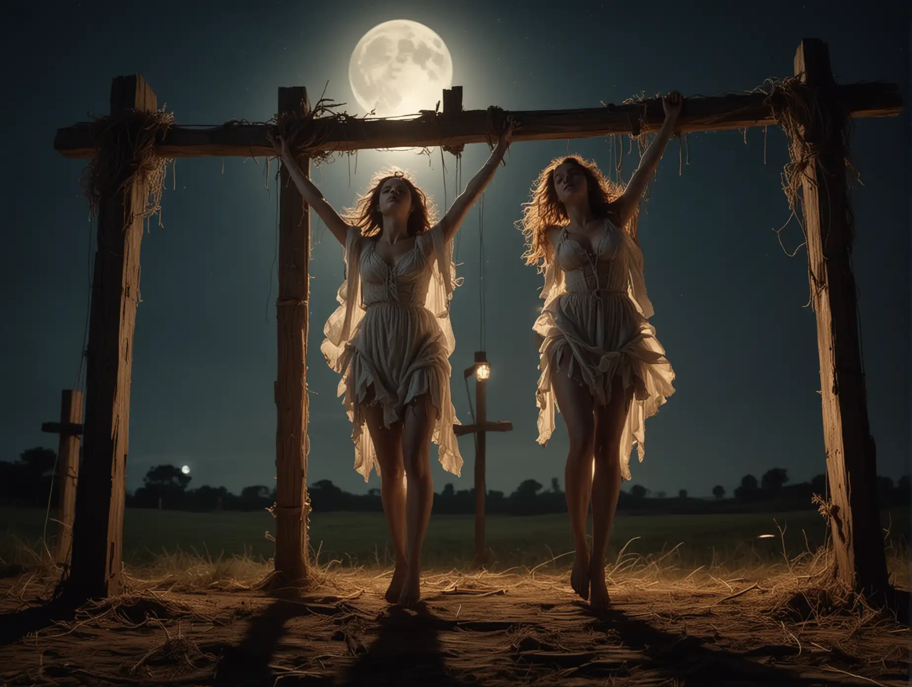 An epic and fantasy scene from 17th century featuring two gorgeous and beautiful woman with torn clothes and drooping hair is crucified on ropes between vertical wooden beams outside at a field at night, only moon light and torches, high-detailed, photo realistic, intricate details, cinematic view, depth of field, fujifilm xt3, raw photo, 8k uhd, film grain