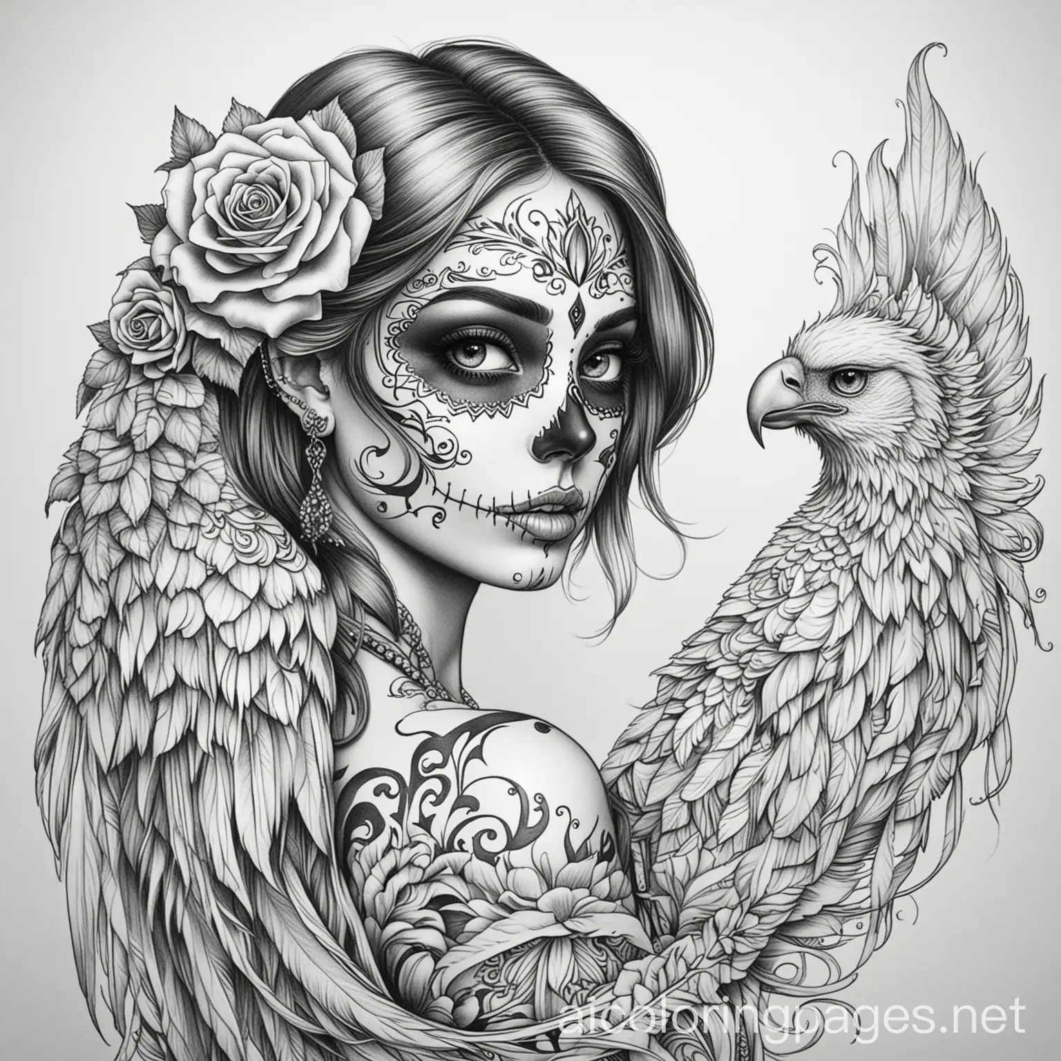 Phoenix-Tattooed-Sugar-Skull-Lady-Holding-Rose-Coloring-Page