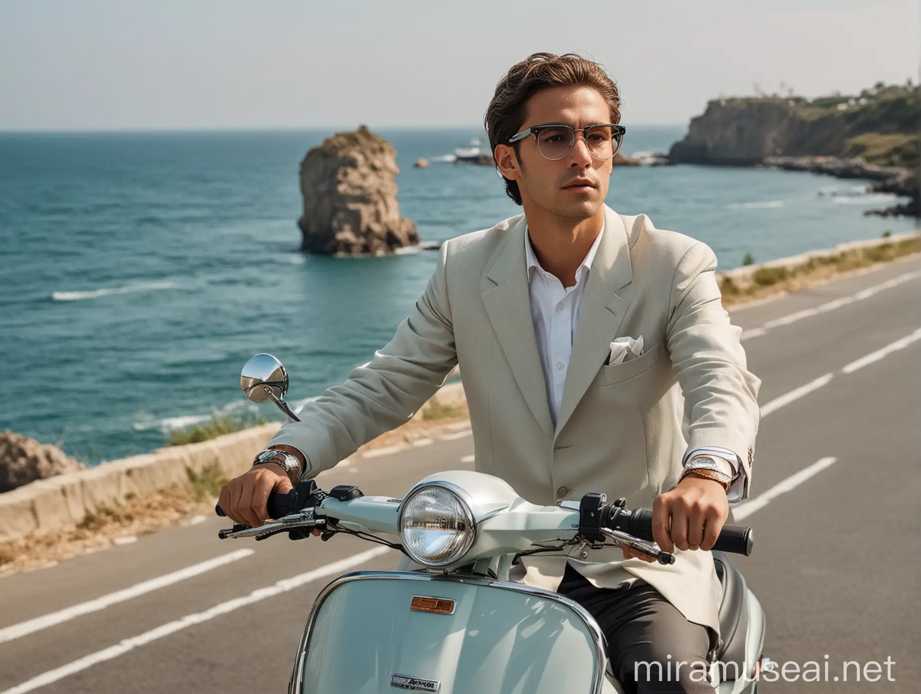 Man in Suit with Glasses Riding Scooter by the Sea