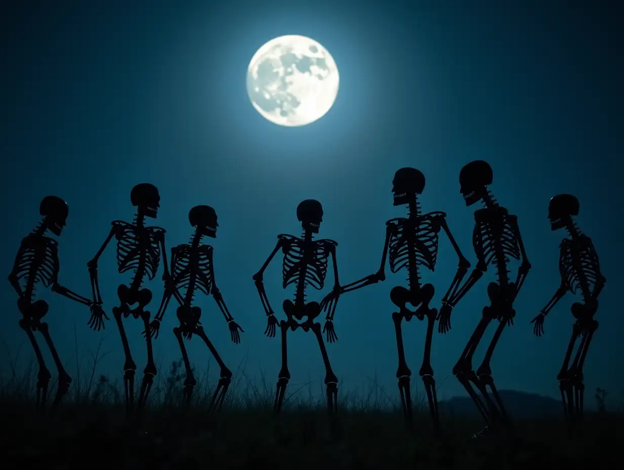 A group of human skeleton dancing in full moon night