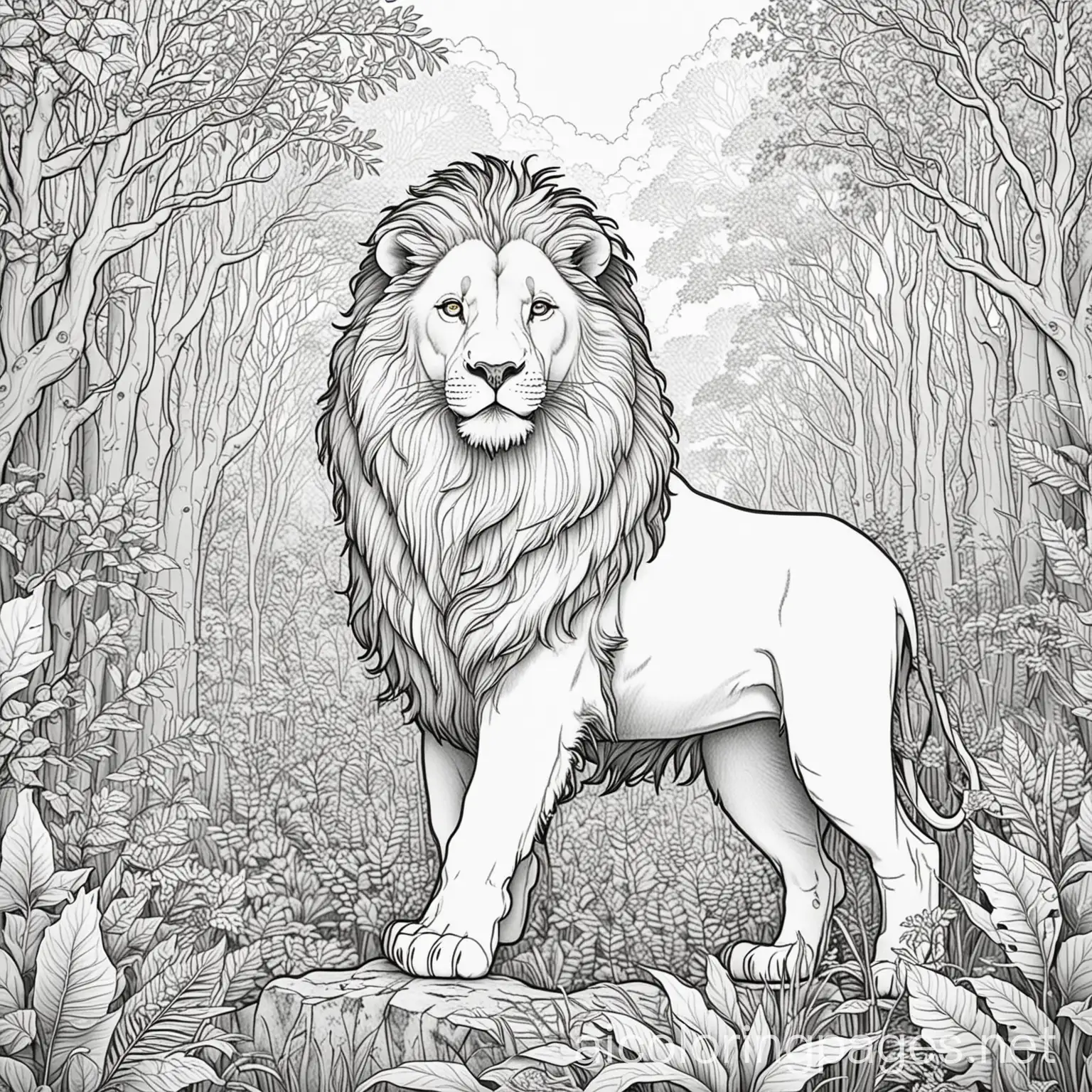 Lion Forest background Coloring book Detailed Daytime Line art, Coloring Page, black and white, line art, white background, Simplicity, Ample White Space. The background of the coloring page is plain white to make it easy for young children to color within the lines. The outlines of all the subjects are easy to distinguish, making it simple for kids to color without too much difficulty