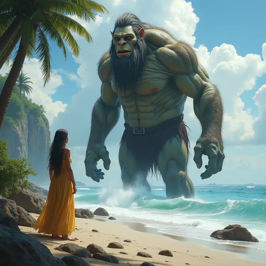 ultradetailed hyperrealistic photo-realistic portrait 20 meter giant troll before a princess on a beach with big waves with rocks and trees and hanging plants with impeccable attention for texture, surfaces and lighting, to give depth, dimension and a photo-realistic appearance.