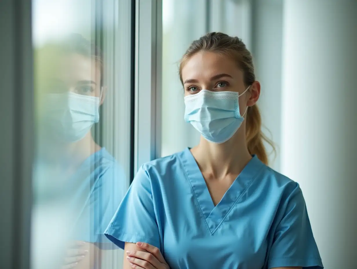 Young female cancer patient standing in front of hospital window