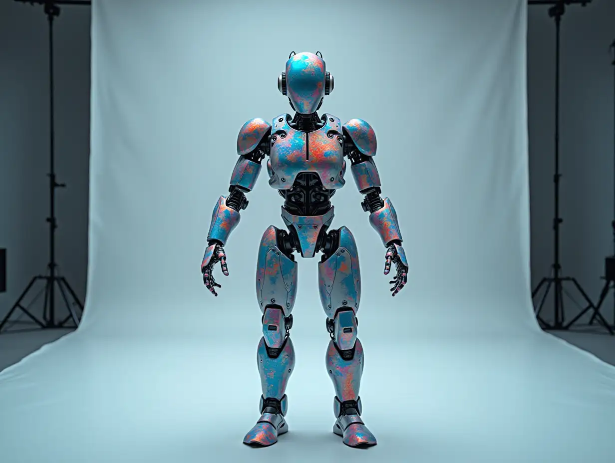 Create a high-resolution, realistic image of an artificial intelligence fractal colored humanoid robot, on the photo studio floor at 4-k resolution.