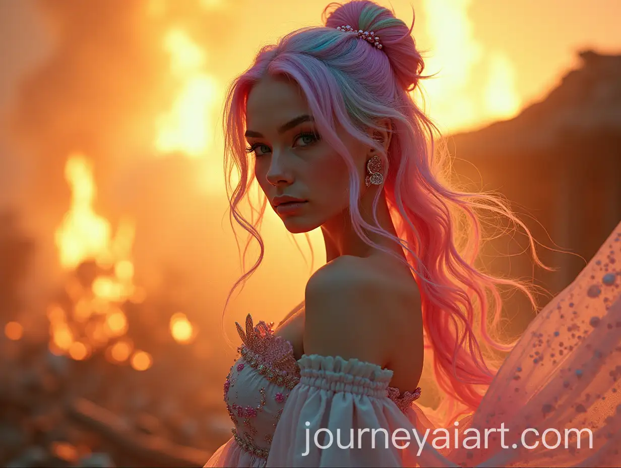 Teenage-Girl-with-Colorful-Hair-in-a-Burning-Village-Radiating-Magic-and-Resilience