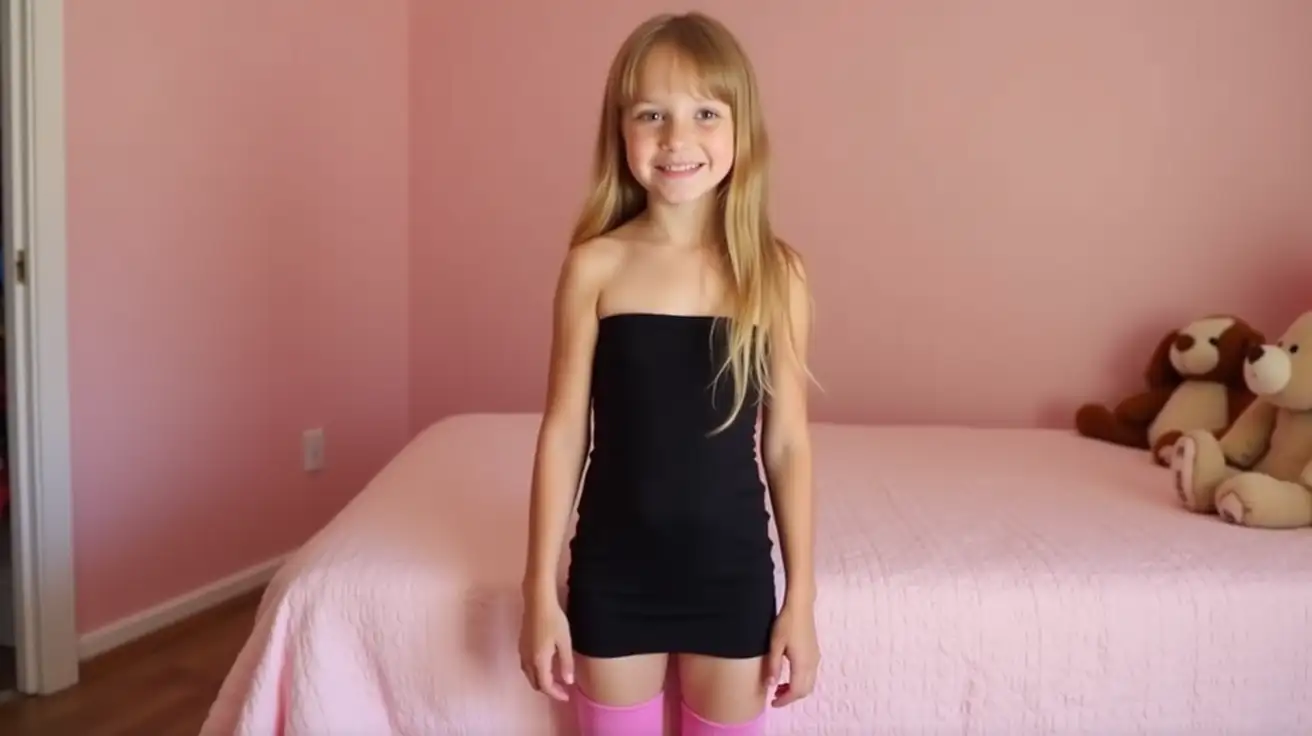 tween adorable cute petite skinny girl with long blonde hair, wearing ((tight)) ((short)) ((stretchy)) strapless black dress and pink knee-high socks, standing in her bedroom. The bed is covered by a pink bedspread, and a couple of stuffed animals, and the room has a pink wall.