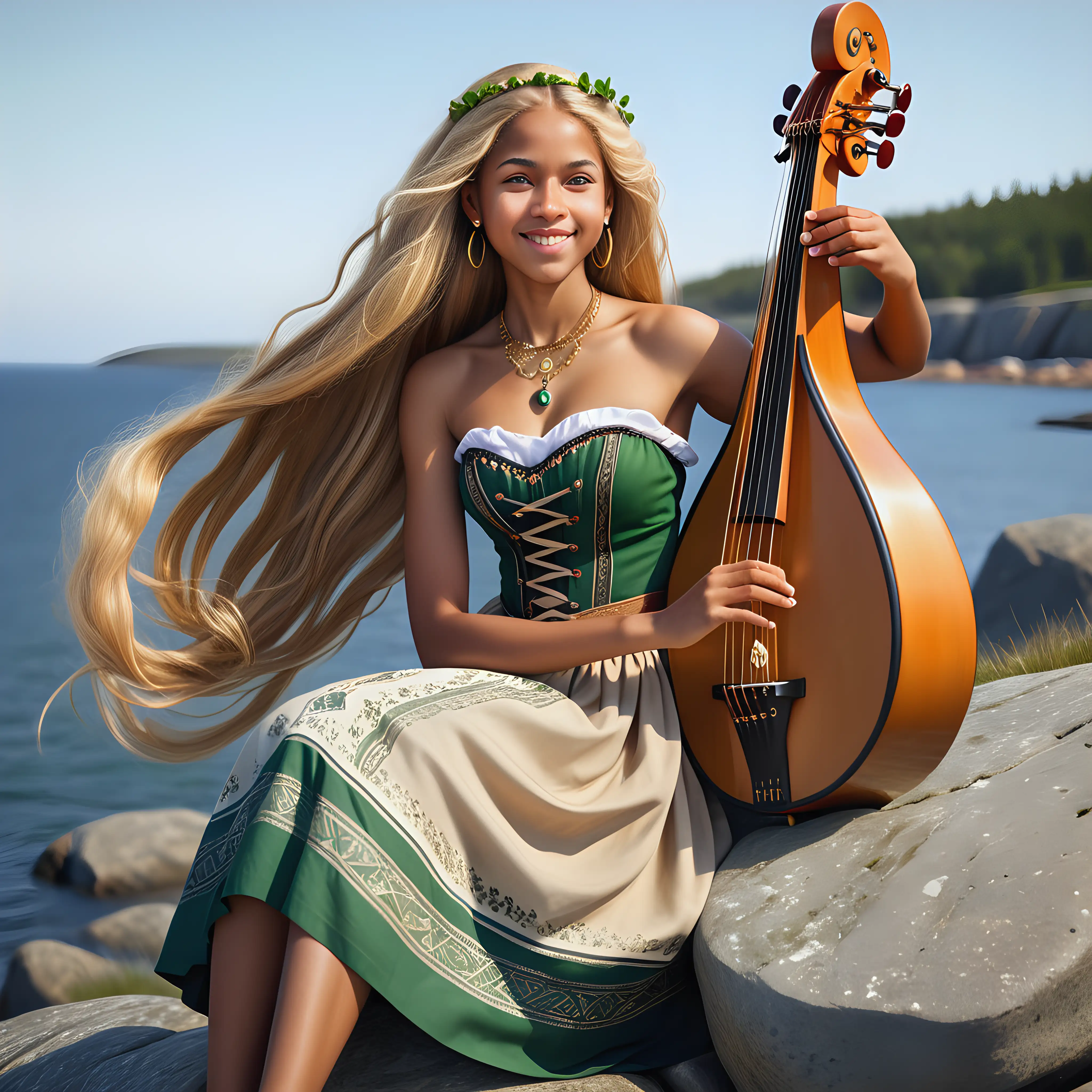 a hyperrealistic picture of a  beautiful young mixed race woman of 60%nordic, 20%Arabic and 20%African origins with golden-blond elegant long hair, green eyes, beige skin, only wearing strapless dirndl micro-skirt with hybrid Swedish and Arabic ornamentation and a necklace, sitting on a rock by the Swedish coast playing on her harp, smiling into the camera, front view, hyperrealistic(full body)