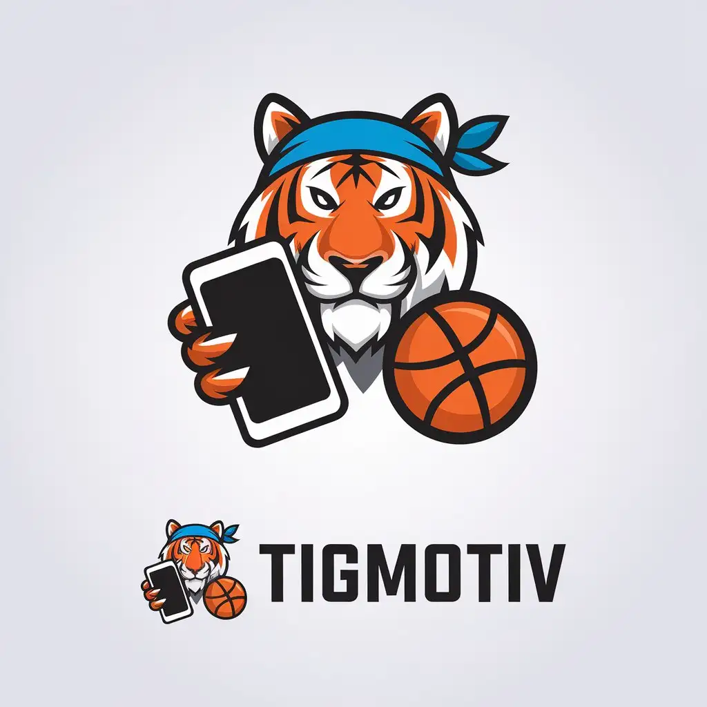 a vector logo design,with the text "Tigmotiv", main symbol:Tiger,smartphone,basketball ball,cartoon style,blue color,Minimalistic,clear background