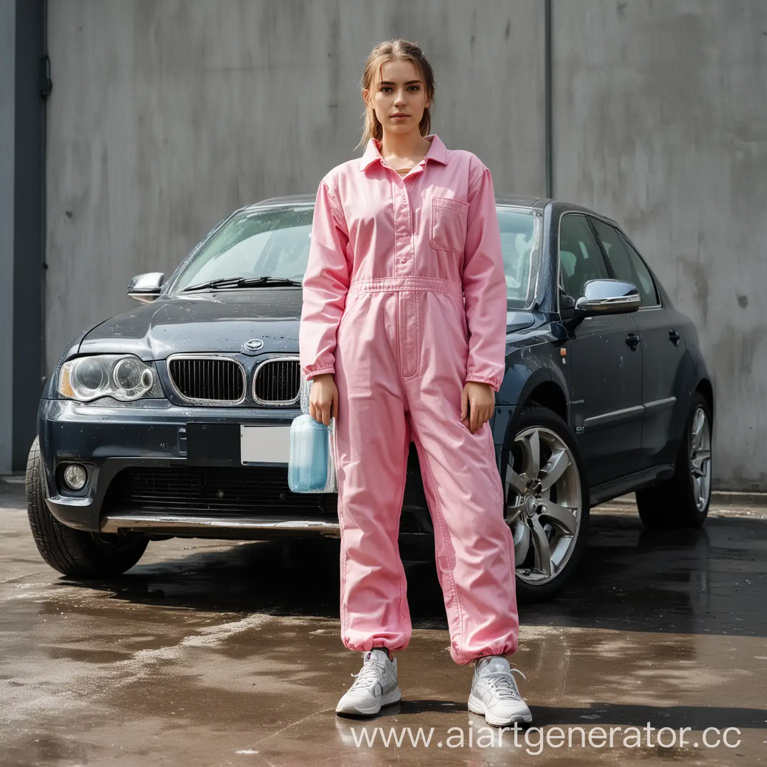 Girl-in-Clean-Coverall-Leaning-on-Expensive-Car-at-Car-Wash