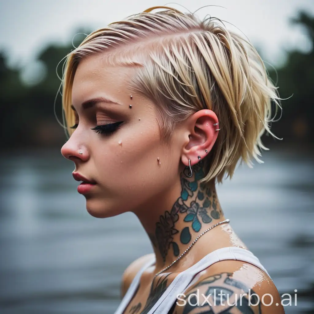 Girl short blonde hair piercing Tattoo wet shirt profile