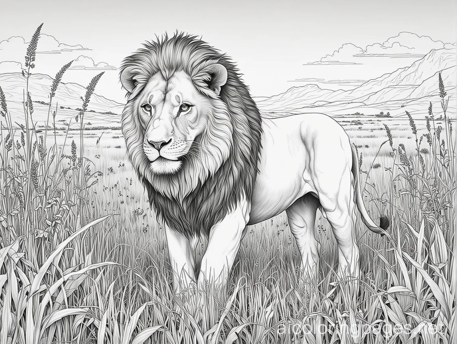 Epic-Lion-Roaming-in-a-Simplified-Grass-Landscape-Coloring-Page