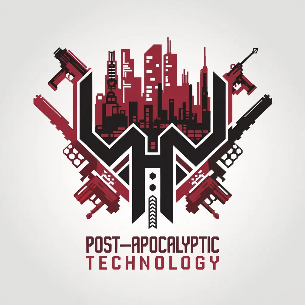 a vector logo design,with the text "post-apocalyptic technology", main symbol:Pixels, minimalistic, tech style, red and black combination, weapons, Chinese, relatively wide,Moderate,clear background