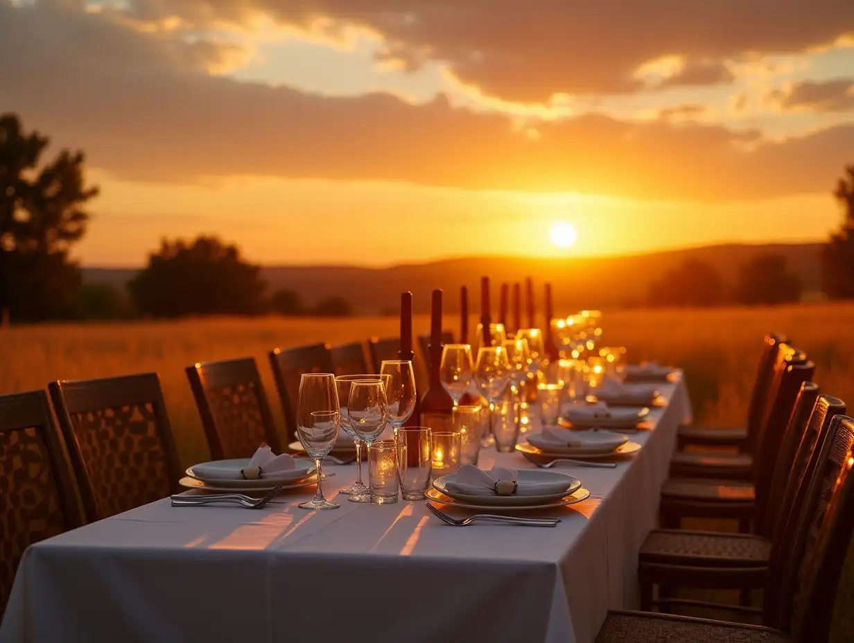 Luxurious dining table setting up for guests at sunset in golden field