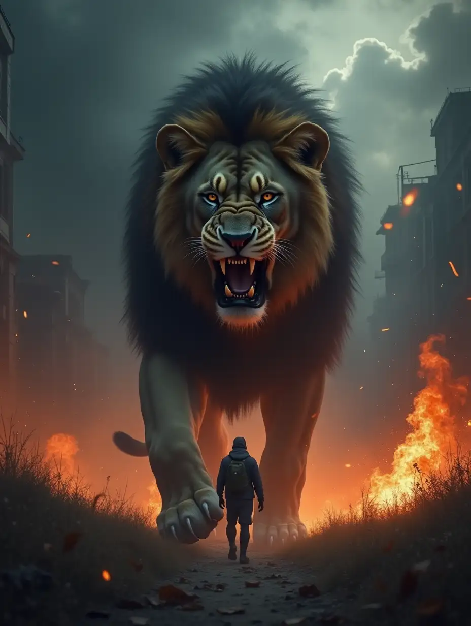 Giant lion angry walk in destroy city dark