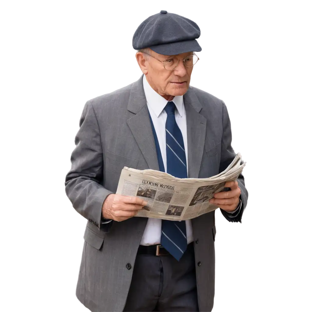 old man in suit, wearing a cap and reading a newspaper