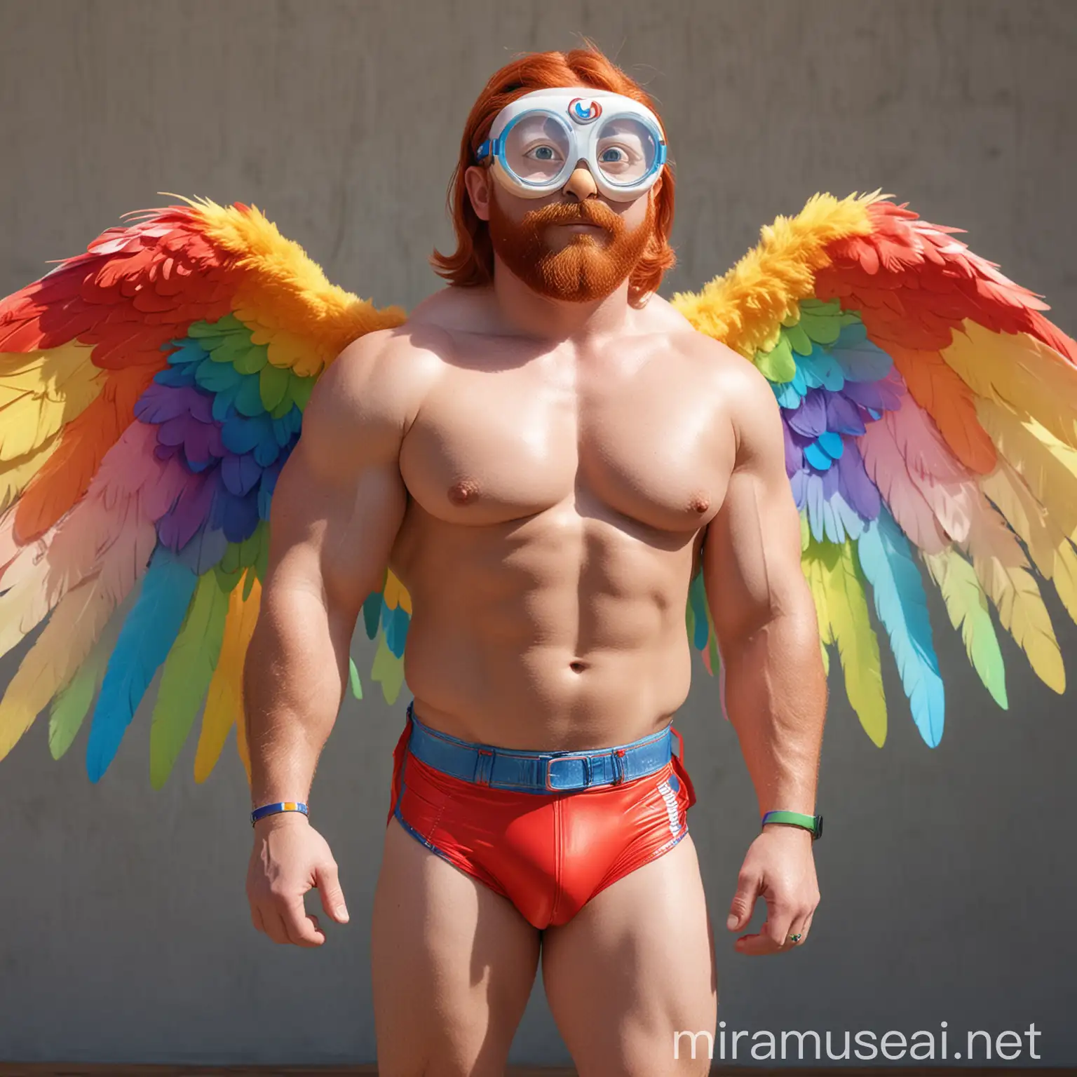 Muscular Bodybuilder Flexing with RainbowColored Eagle Wings and Doraemon Goggles