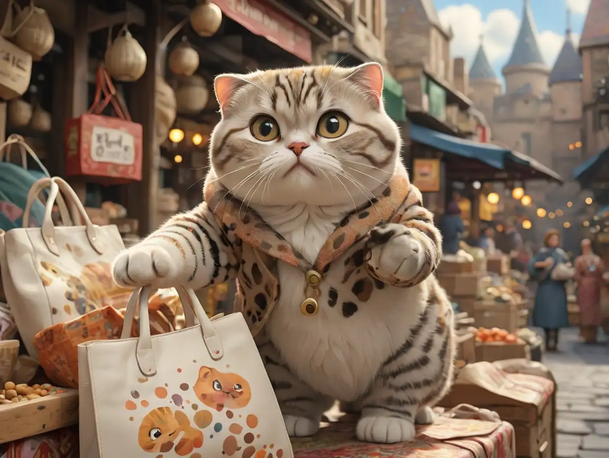 a Scottish Fold cat wearing a spotted patterned coat, reaching for a white bag, with a bustling spice market stall in the backgroundt, 3d disney inspire