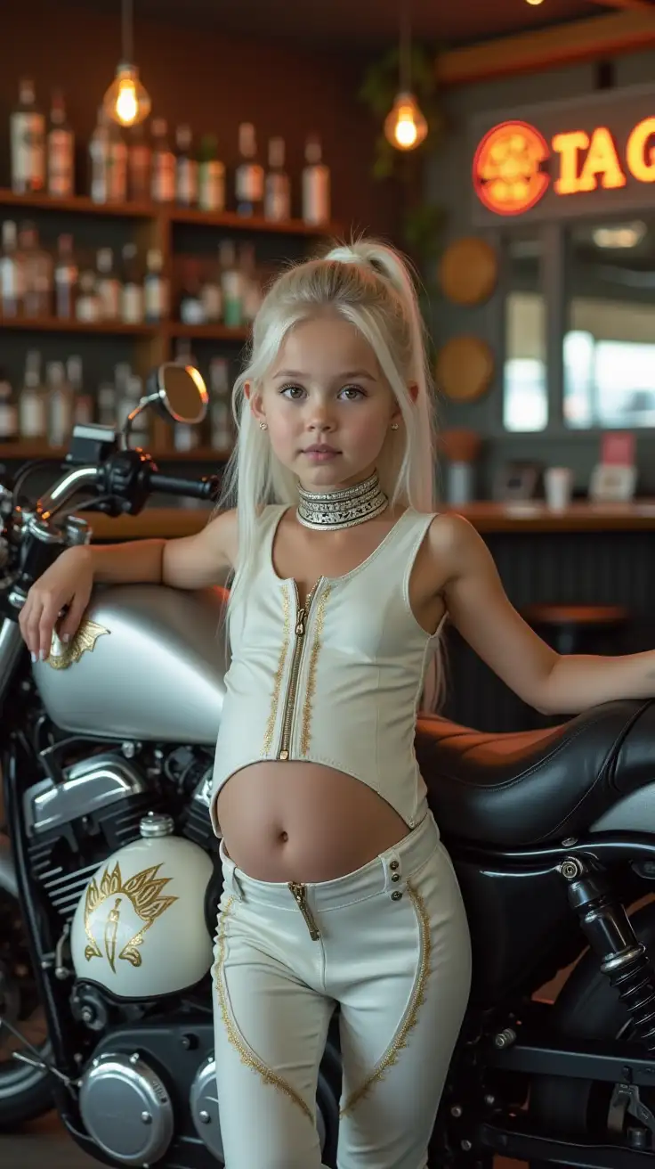 petite young girl leaning against the seat of a silver motorcycle in front of a biker bar holding a white motorcycle helmet with gold markings. girl has long metallic platinum hair, tied back, and is wearing a narrow metal choker, and a tight white leather catsuit with gold markings, unzipped in front, over a pregnant belly.