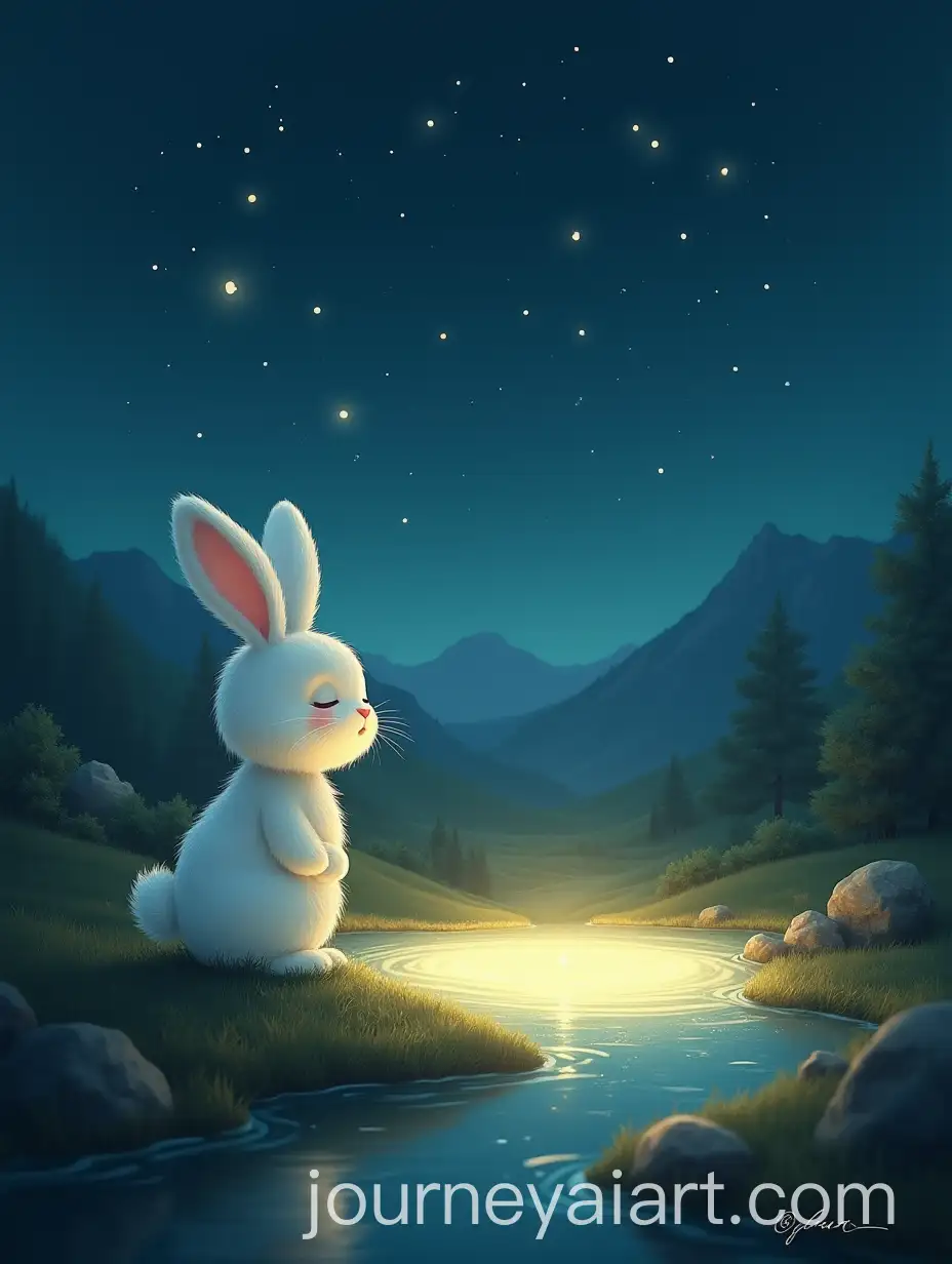 Fluffy-White-Rabbit-Praying-byAI-Image-Prompt-Expansion-Glowing-Pond-Under-Starry-Sky