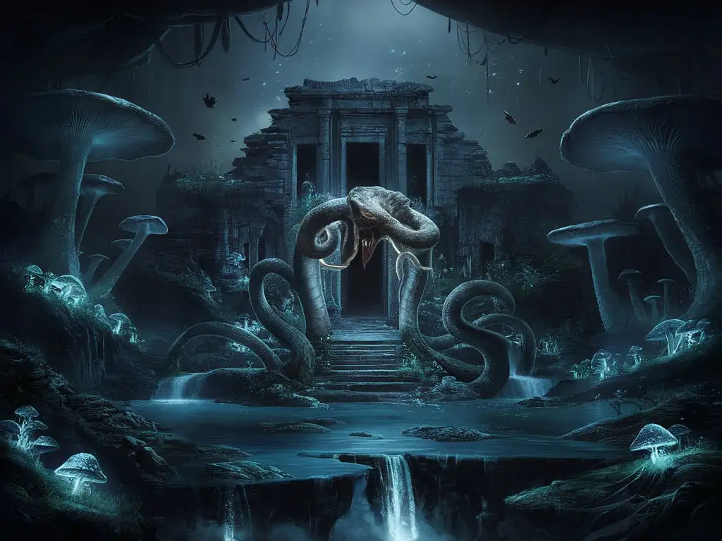 Stylized Game Art Mysterious Swamp with Mushroom Trees and Serpent Shrine