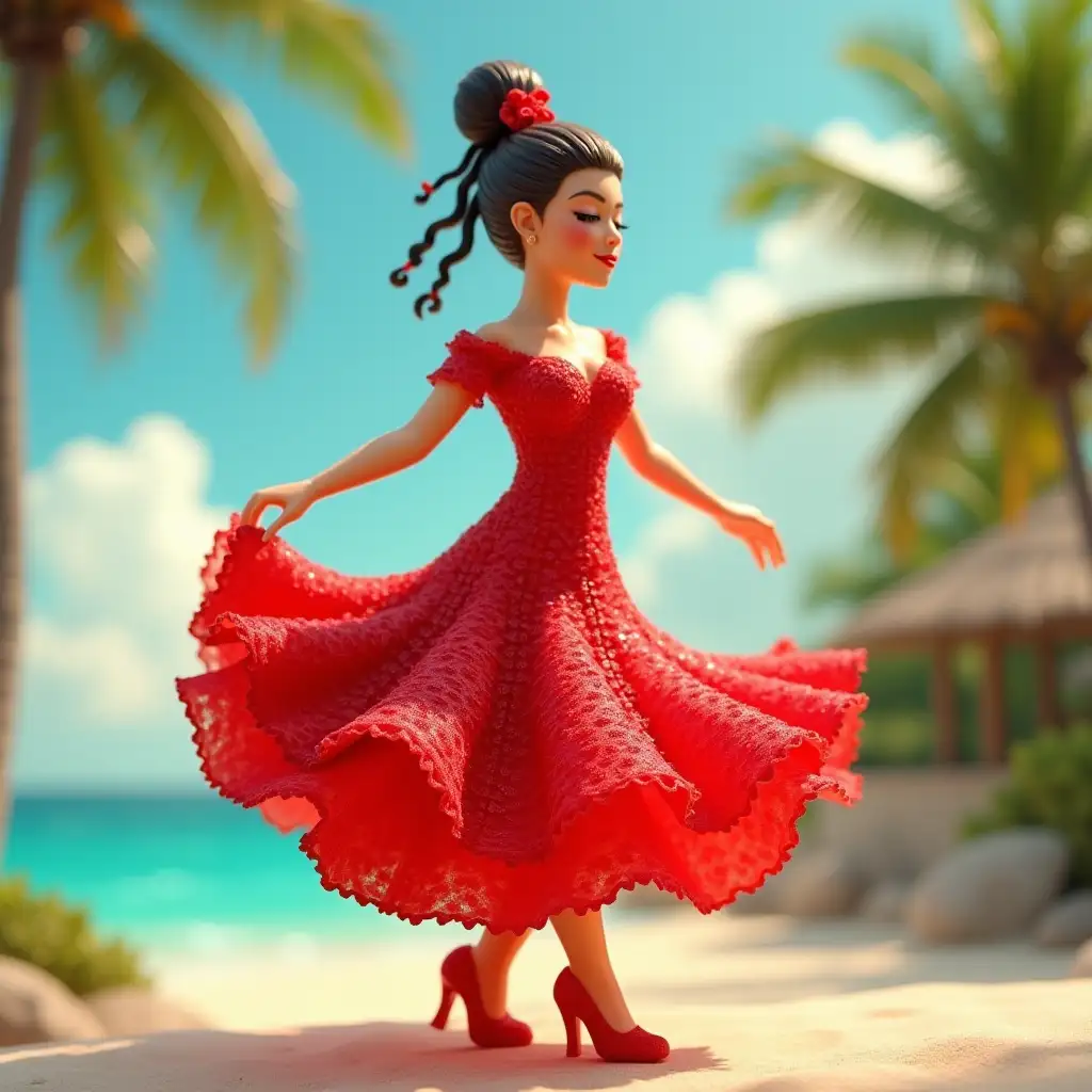 A charming Flamenco dancer made of gummy bears is dancing Flamenco in a red elegant dress with red high-heeled shoes. She has an updo hairstyle, with long hair. She has red lipstick. Spanish look. Background is a Caribbean landscape in the summer.