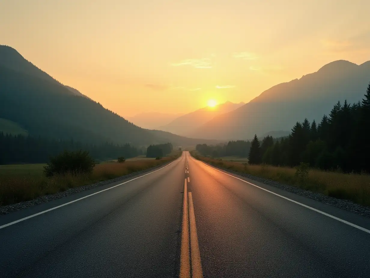 Sunset-over-Empty-Asphalt-Highway-with-Green-Mountain-Landscape