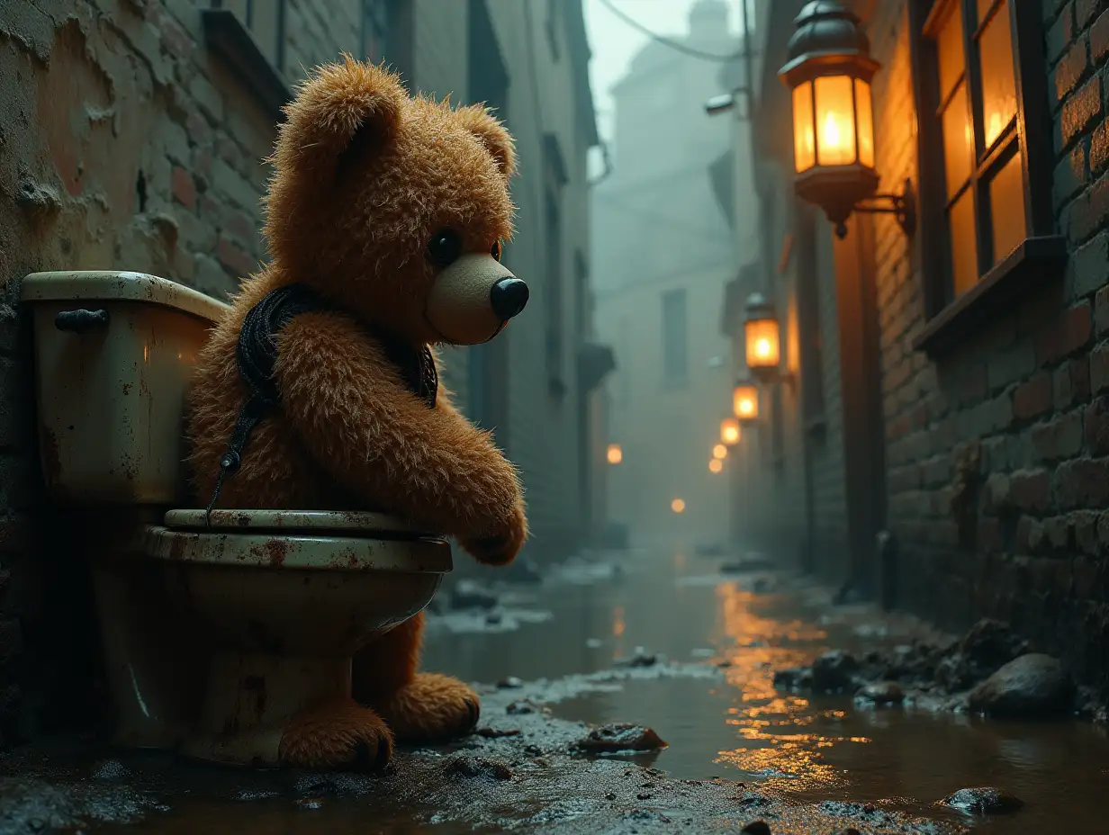 Creating a digital photo of a teddy bear with metal armor slime hairs, that gets into a building with brown soup worms and illuminated toilet with rust from iron and a river with floating paint fog and rusty lanterns and strange eerie creatures