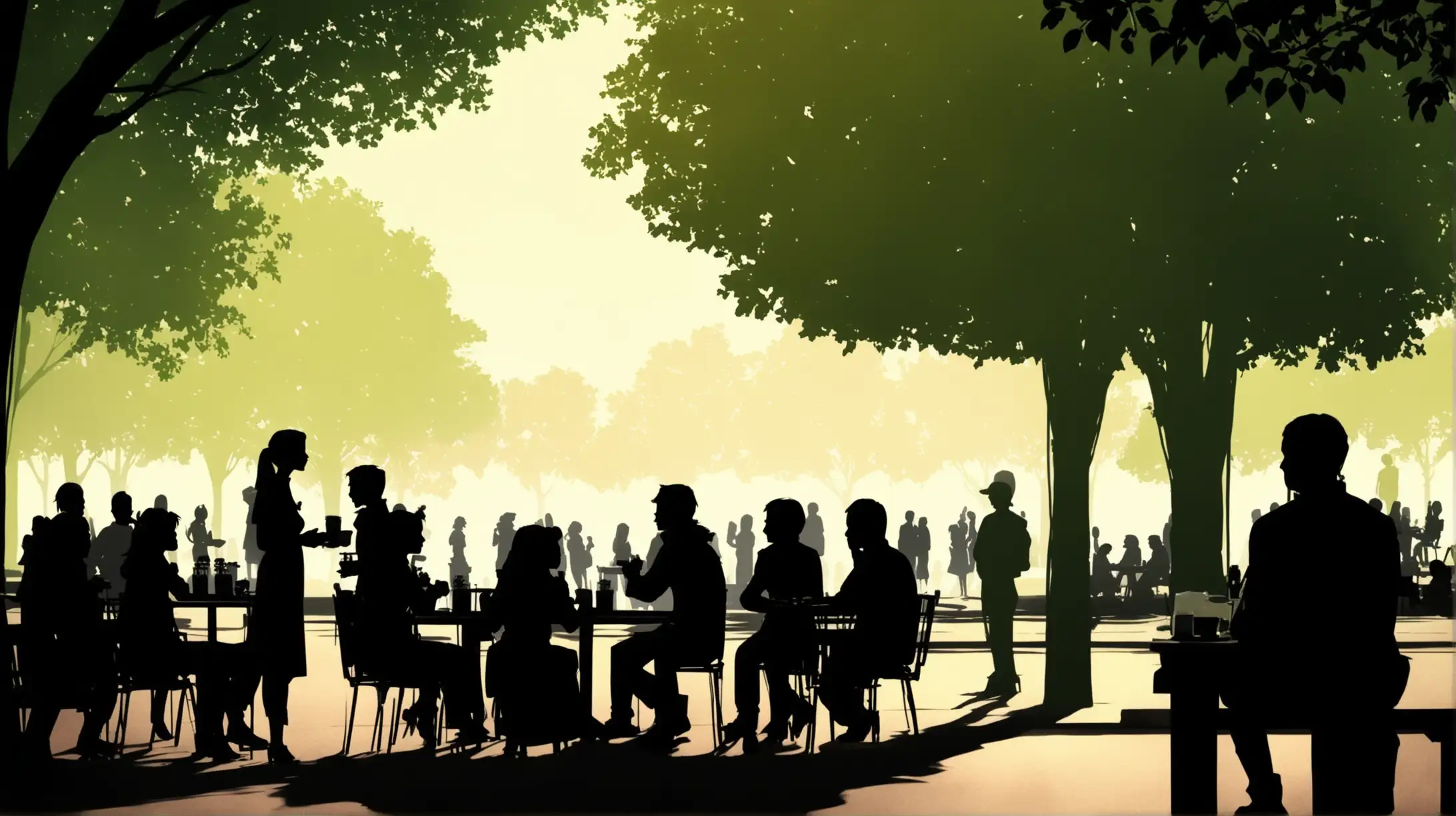 Silhouettes of People Meeting in a Park for Lunch