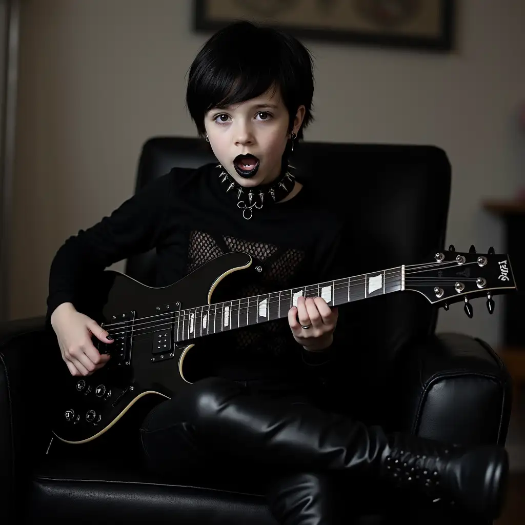 Gothic-Teen-Playing-Electric-Guitar-in-Bedroom