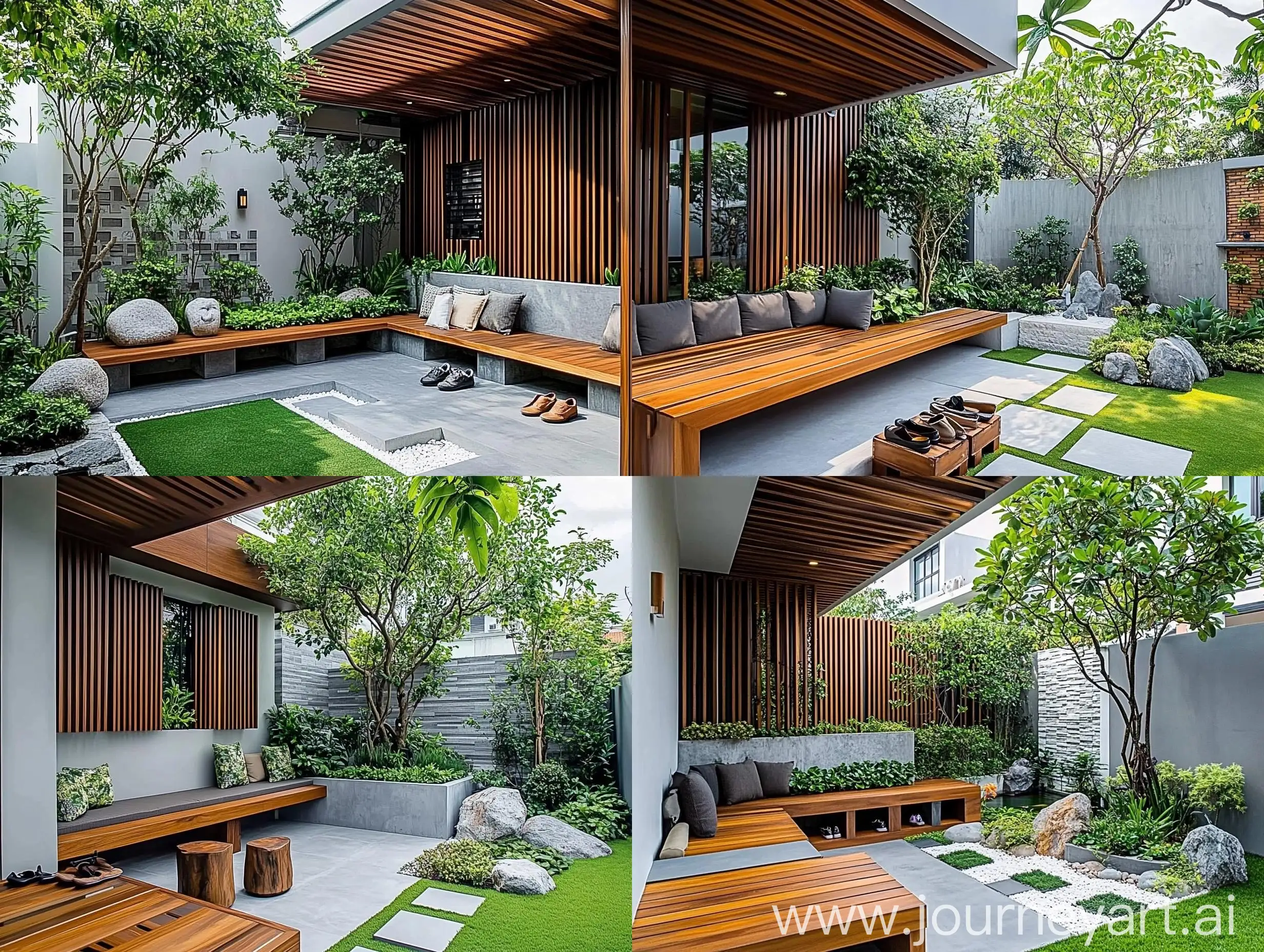 Japanesestyle-Outdoor-Seating-Area-with-Wooden-Bench-and-Koi-Fish-Pond