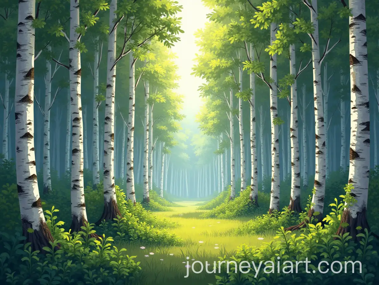 Serene-Birch-Forest-with-Lush-Green-Vegetation-and-Dappled-Sunlight