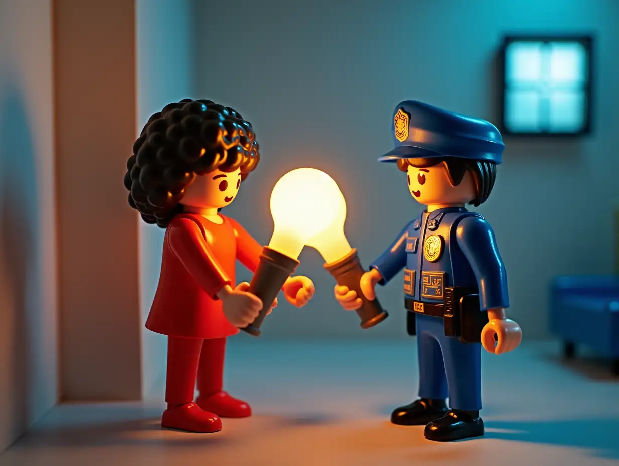 A Playmobil set, with a woman of curly black hair and red dress cleaning the light bulb of a Police man