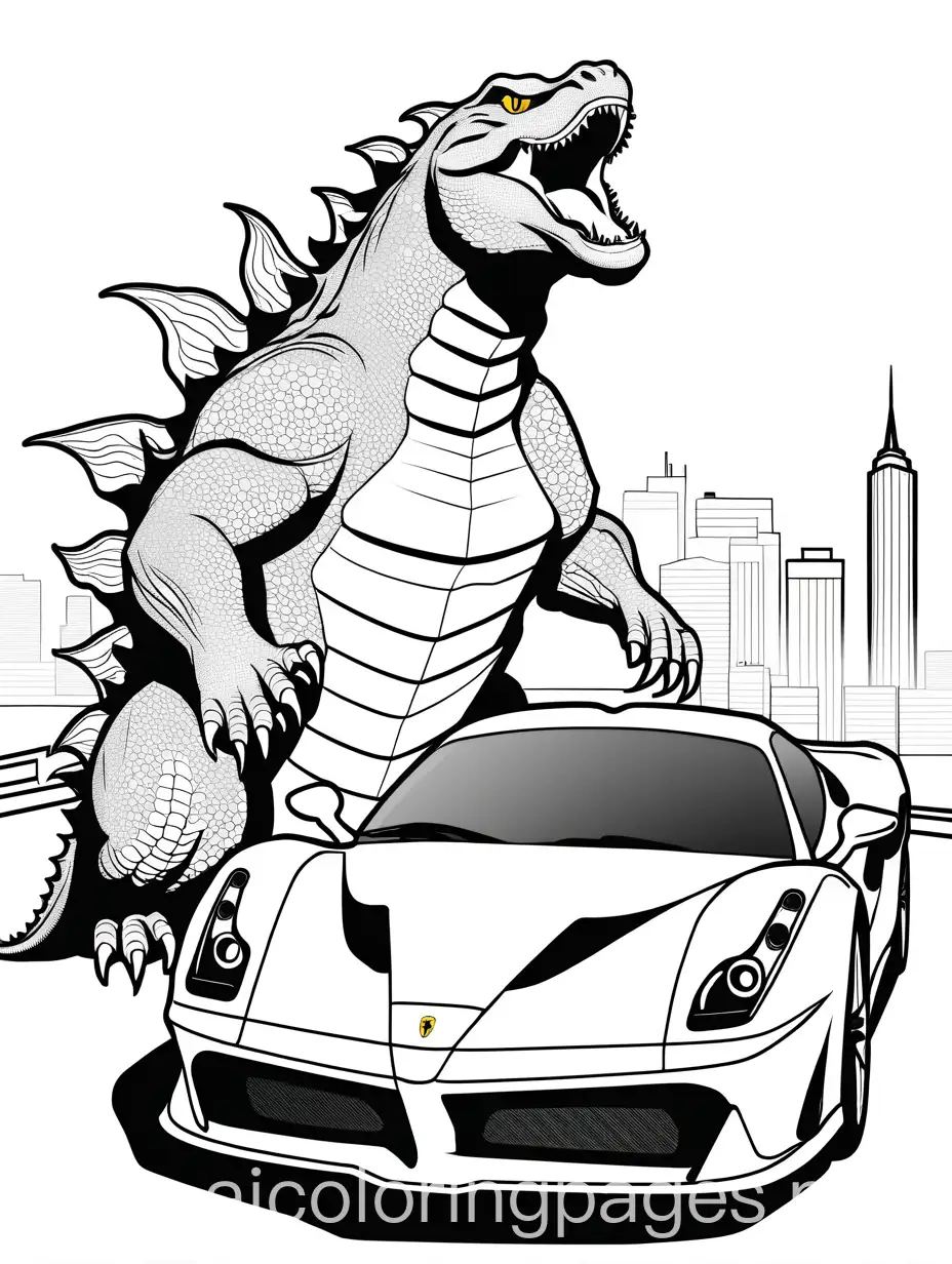 Godzilla in a ferrari, Coloring Page, black and white, line art, white background, Simplicity, Ample White Space. The background of the coloring page is plain white to make it easy for young children to color within the lines. The outlines of all the subjects are easy to distinguish, making it simple for kids to color without too much difficulty