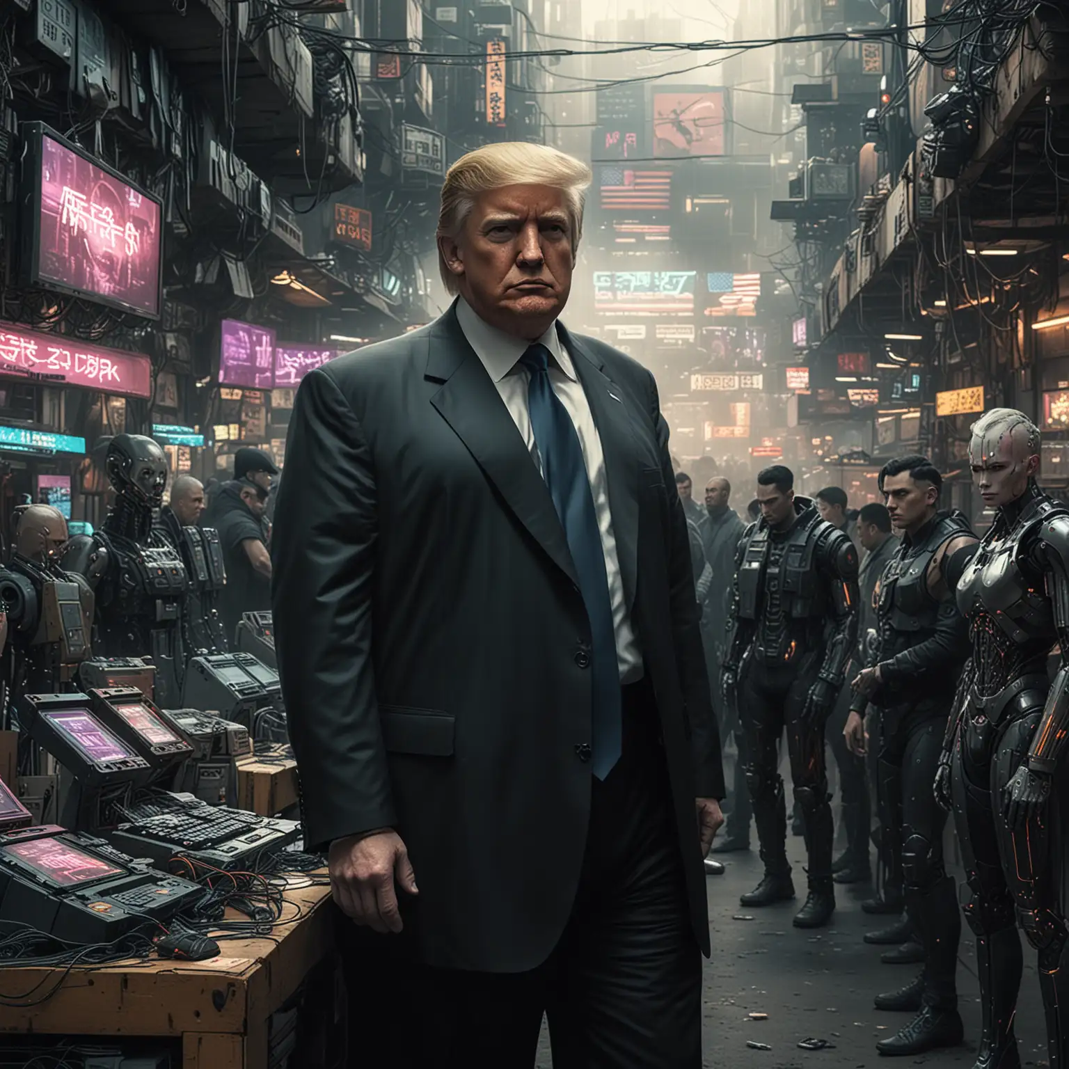 Cyberpunk-Marketplace-with-Trump-Surrounded-by-Cybernetic-Devices-and-Gadgets