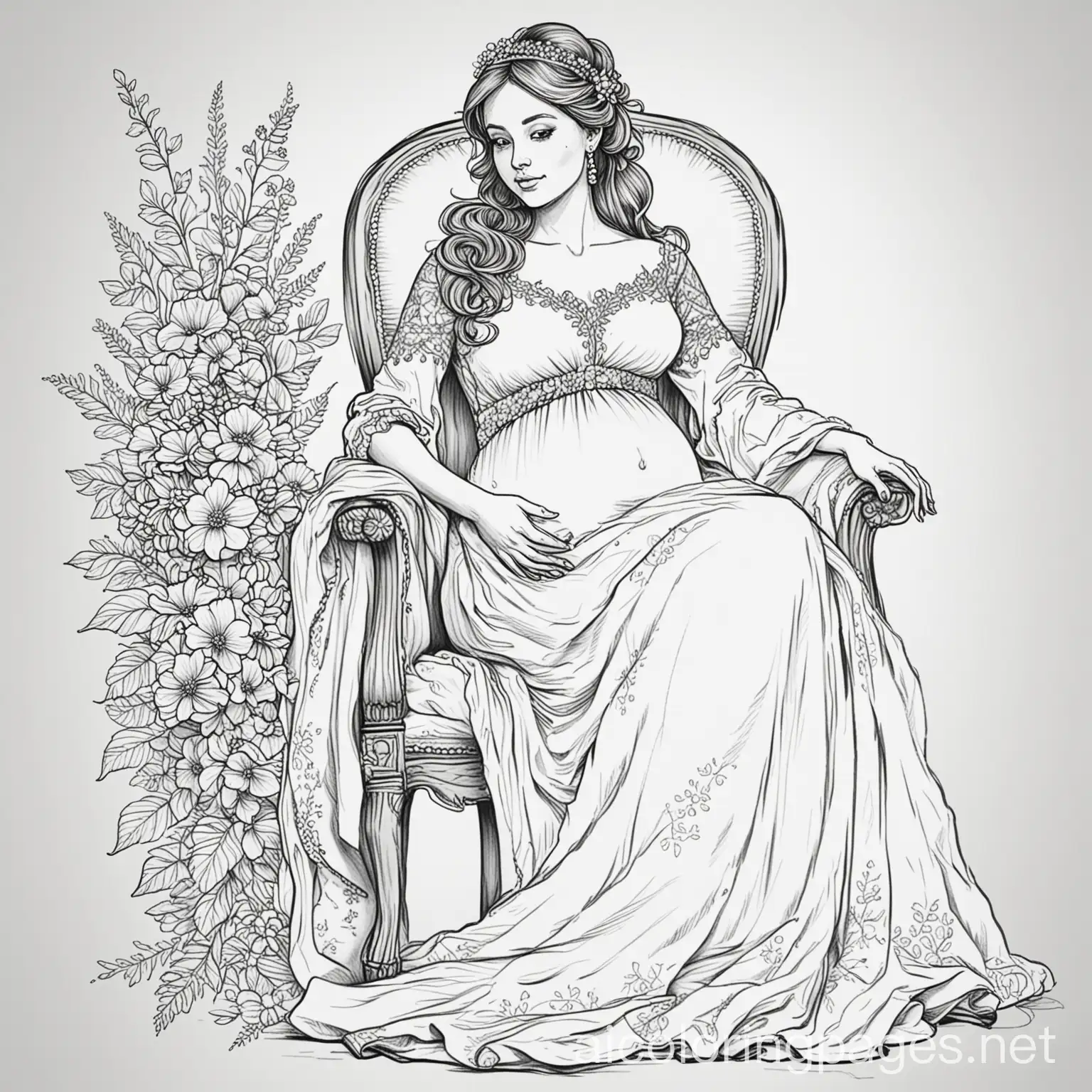 Pregnant-Bride-Sitting-on-Chair-with-Flowers-Coloring-Page