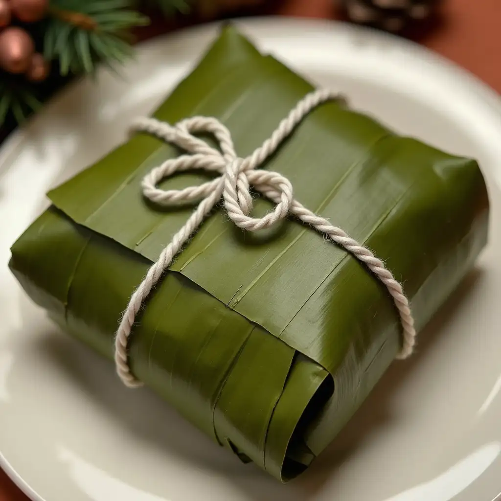 masa de maíz wrapped entirely and only banana leaf is visible, where the sides are folded over the dough and then rolled into a rectangular package and secured with white kitchen thread by passing the ends of the thread underneath the banana leaf and crossing the thread, creating a 'X' on top of the package. on a plate with Christmas decoration.