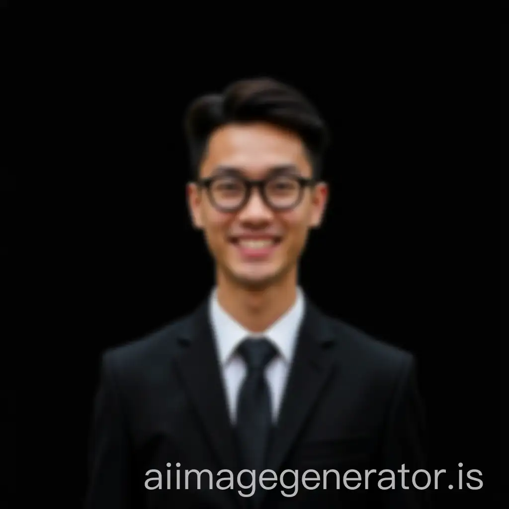 Young-Indonesian-Man-in-Black-Suit-and-Tie-with-Eyeglasses-Smiling-Against-Black-Background