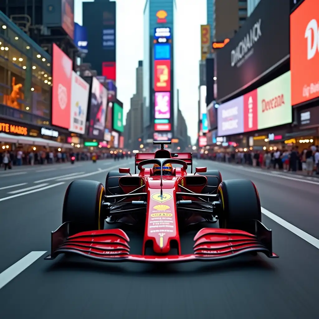 A 2024 Ferrari Formula One car speeds down an empty Times Square.