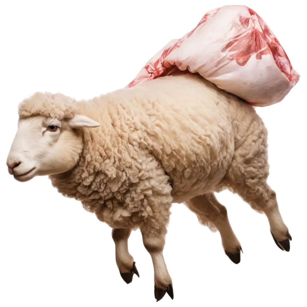 Flying-Sheep-Holding-Huge-Bag-of-Meat-PNG-Image-Creative-Concept-for-Online-Art